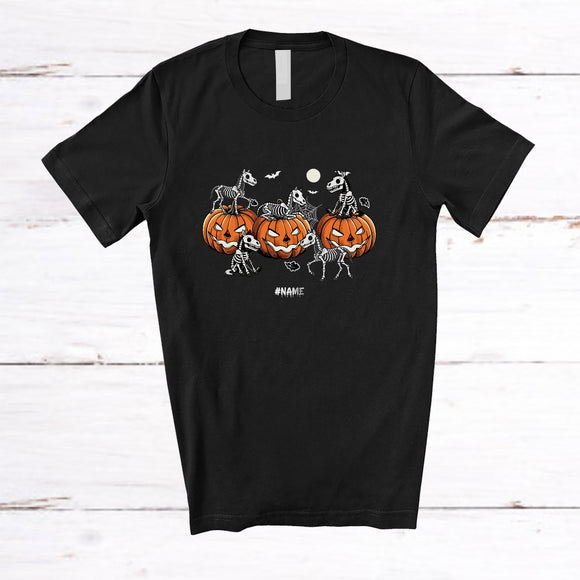 MacnyStore - Personalized Custom Name Skeleton Horses On Pumpkin; Horror Halloween Farmer Family T-Shirt