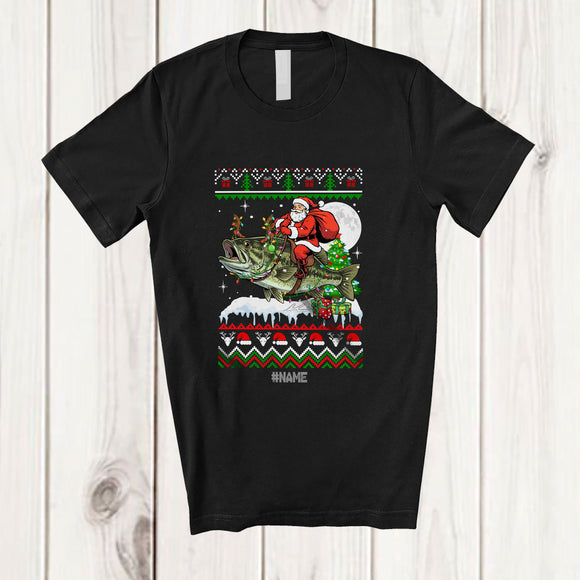 MacnyStore - Personalized Custom Name Santa Riding Bass Fish; Amusing Christmas Sweater Tree Sea Animal T-Shirt