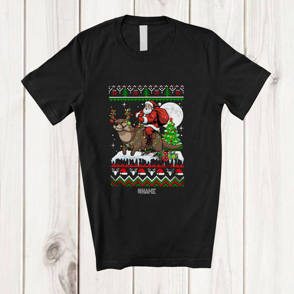 MacnyStore - Personalized Custom Name Santa Riding Otter; Amusing Christmas Sweater Tree Sea Animal T-Shirt