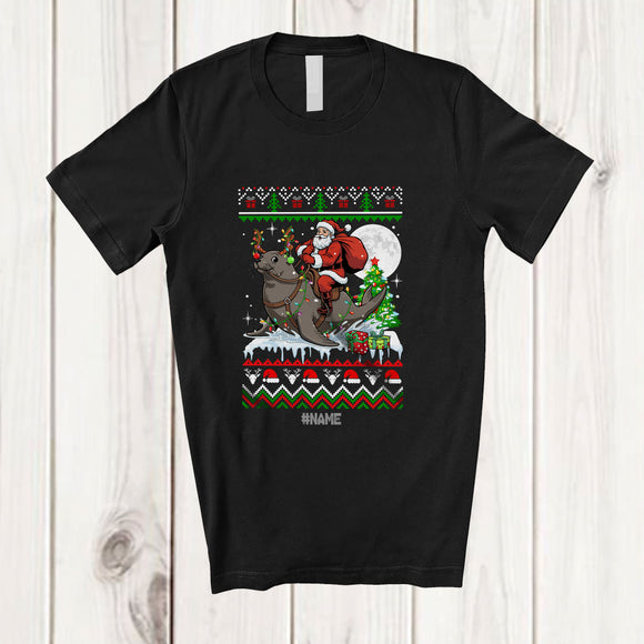 MacnyStore - Personalized Custom Name Santa Riding Sea Lion; Amusing Christmas Sweater Tree Sea Animal T-Shirt