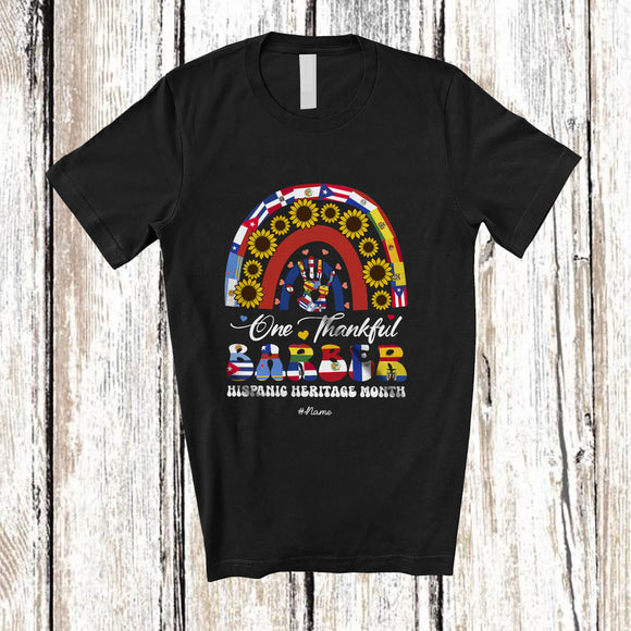 MacnyStore - Personalized Custom Name Thankful Barber; Proud Hispanic Heritage Month Rainbow Sunflower T-Shirt