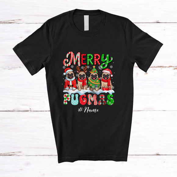 MacnyStore - Personalized Custom Name Merry Pugmas; Lovely Christmas Snowing Four Pugs Owner Lover T-Shirt