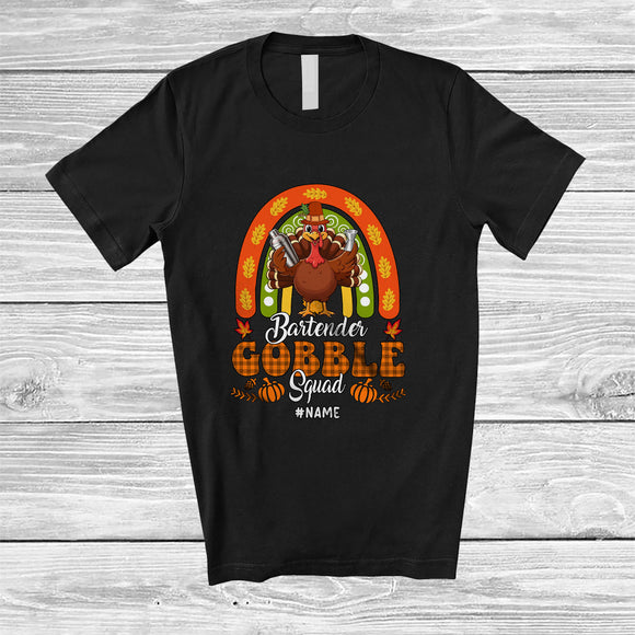 MacnyStore - Personalized Custom Name Bartender Gobble Squad; Proud Thanksgiving Plaid Rainbow Turkey T-Shirt