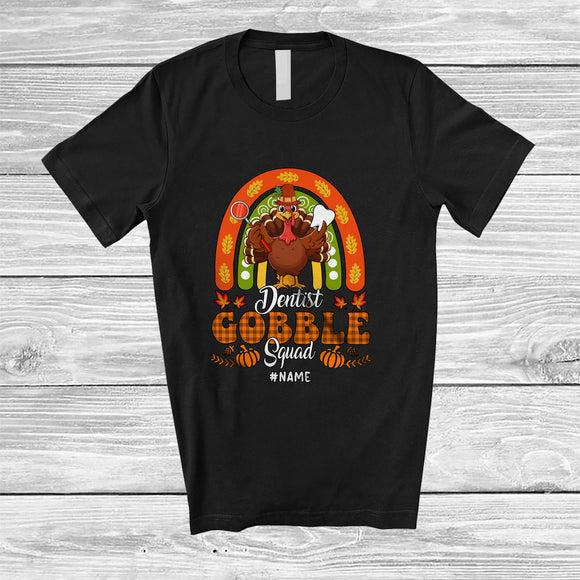MacnyStore - Personalized Custom Name Dentist Gobble Squad; Proud Thanksgiving Plaid Rainbow Turkey T-Shirt