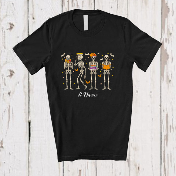 MacnyStore - Personalized Custom Name Four Skeleton Book Nerd; Joyful Halloween Teacher Librarian T-Shirt