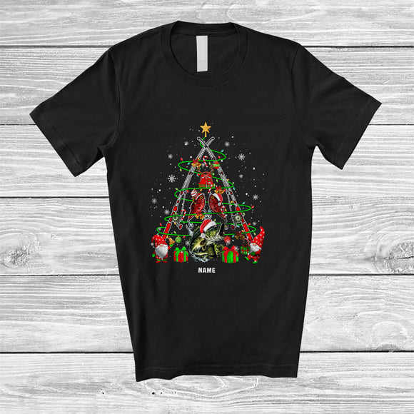 MacnyStore - Personalized Custom Name Santa Fishing Equipment Christmas Tree; Joyful X-mas Lights Family T-Shirt