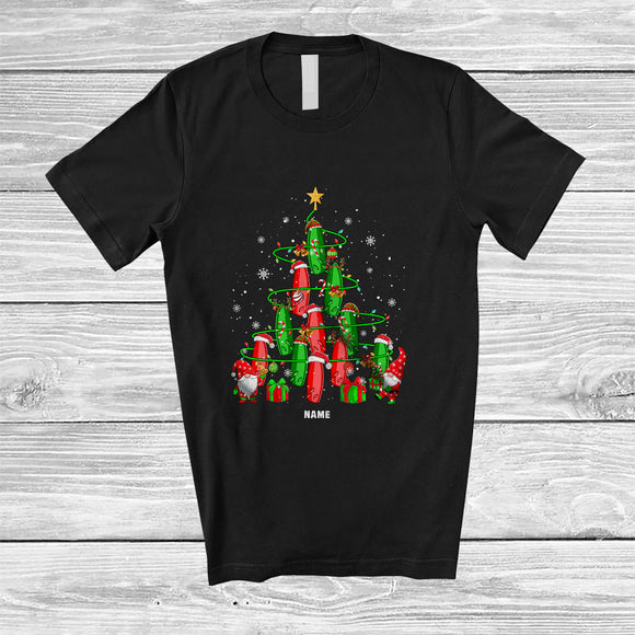 MacnyStore - Personalized Custom Name Santa Surfing Equipment Christmas Tree; Joyful X-mas Lights Family T-Shirt