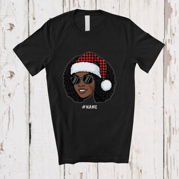 MacnyStore - Personalized Custom Name Black Afro Santa; Proud Christmas Women Santa Face African Family T-Shirt