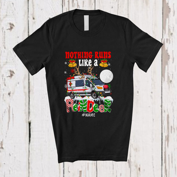 MacnyStore - Personalized Custom Name Nothing Runs Like A Reindeer; Joyful Christmas Lights Ambulance Driver T-Shirt