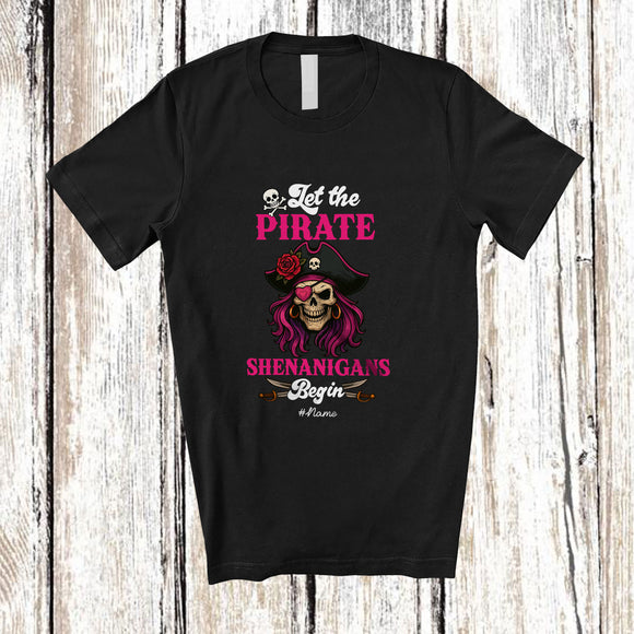 MacnyStore - Personalized Custom Name Pirate Shenanigans Begin; Scary Halloween Captain Pirate Women Skull T-Shirt