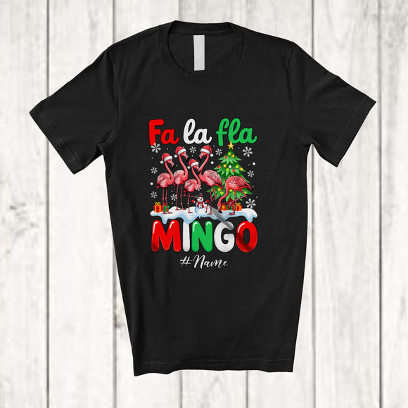 MacnyStore - Personalized Custom Name Fa La Fla Mingo; Awesome Christmas Tree Four Santa Flamingos Lover T-Shirt