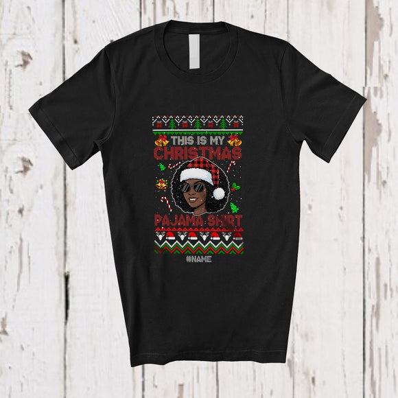 MacnyStore - Personalized Custom Name My Christmas Pajama Shirt; Proud Sweater Black Afro Women Santa T-Shirt