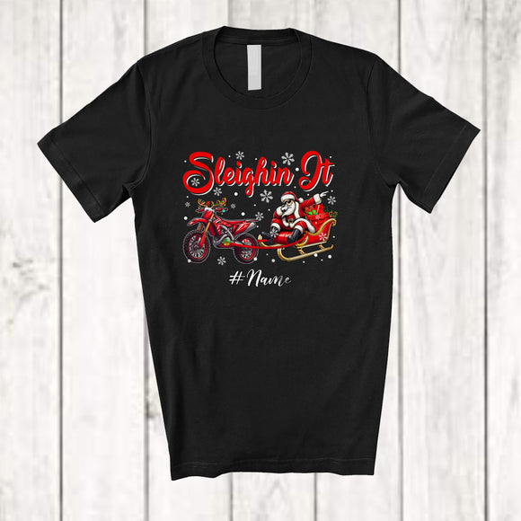 MacnyStore - Personalized Custom Name Sleighin It; Joyful Christmas Santa Dabbing Sleigh Dirt Bike Reindeer T-Shirt
