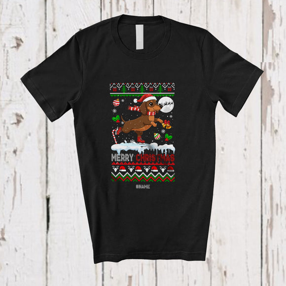 MacnyStore - Personalized Custom Name Merry Christmas; Joyful Sweater Dachshund Ski Skating; Outdoor Sport T-Shirt