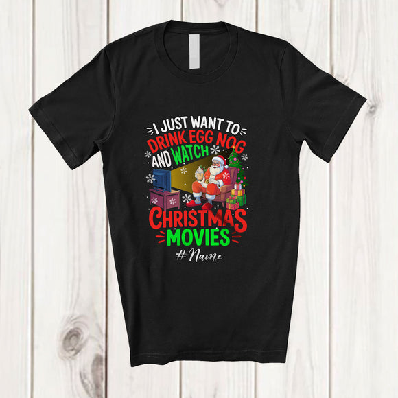MacnyStore - Personalized Custom Name Want To Drink Egg Nog Christmas Movies; Joyful Santa Drinking Family T-Shirt
