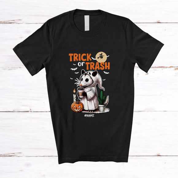 MacnyStore - Personalized Custom Name Trick Or Trash; Lovely Halloween Boo Ghost Opossum Drinking Beer T-Shirt