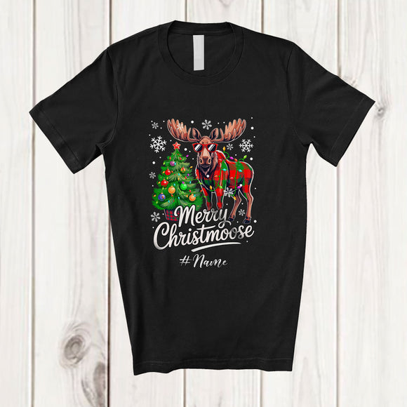 MacnyStore - Personalized Custom Name Merry Christmoose; Lovely Christmas Tree Plaid Buffalo Moose; Couple T-Shirt