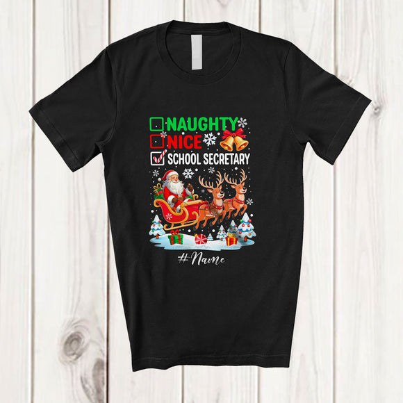 MacnyStore - Personalized Custom Name Naughty Nice School Secretary; Amazing Christmas Santa Sleigh T-Shirt