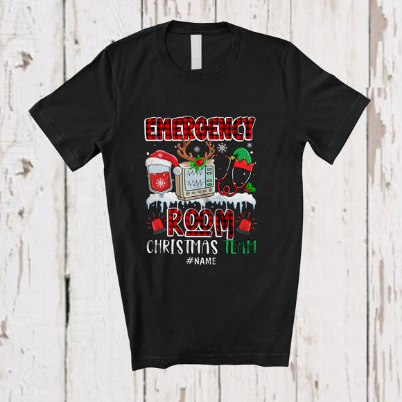 MacnyStore - Personalized Custom Name Emergency Room Christmas Team; Lovely Red Plaid Santa Elf ER Nurse T-Shirt