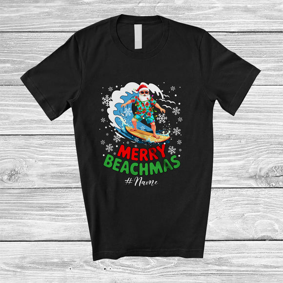 MacnyStore - Personalized Custom Name Merry Beachmas; Joyful Christmas Santa Surfing; Tropical Hawaii T-Shirt