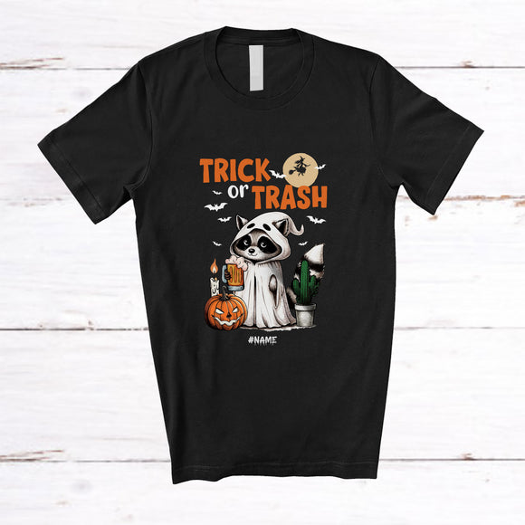 MacnyStore - Personalized Custom Name Trick Or Trash; Lovely Halloween Boo Ghost Raccoon Drinking Beer T-Shirt