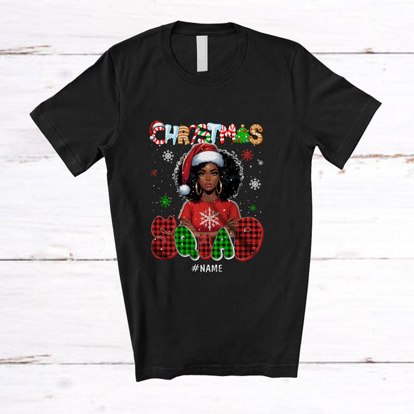 MacnyStore - Personalized Custom Name Christmas Squad; Lovely Plaid Black Afro Women African Santa T-Shirt