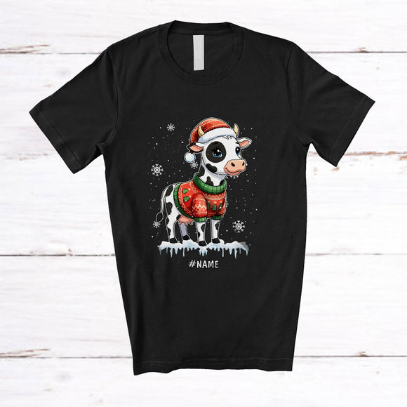 MacnyStore - Personalized Custom Name Santa Cow Sweater Snow; Amazing Christmas Cow Farmer T-Shirt