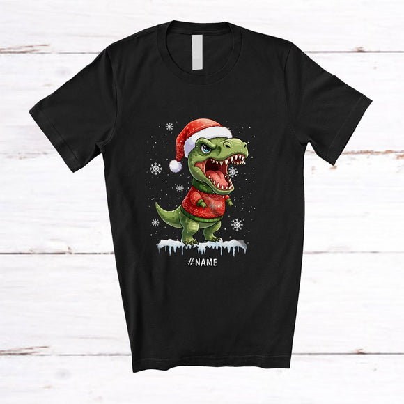 MacnyStore - Personalized Custom Name Santa T-Rex Sweater Snow; Amazing Christmas T-Rex Dinosaur T-Shirt