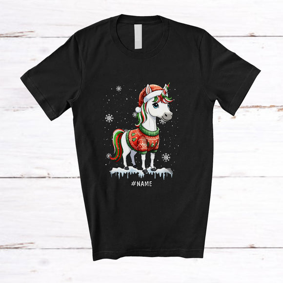 MacnyStore - Personalized Custom Name Santa Unicorn Sweater Snow; Amazing Christmas Unicorn Lover T-Shirt