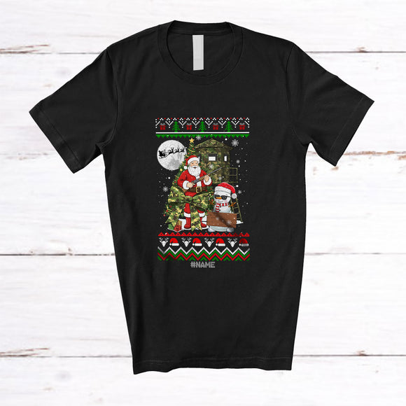 MacnyStore - Personalized Custom Name Santa Snowman Go Hunting; Humorous Christmas Sweater Santa Hunter T-Shirt