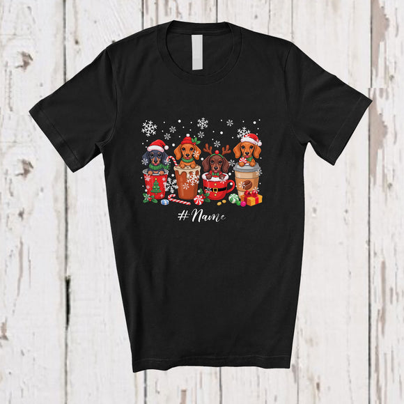 MacnyStore - Personalized Custom Name Four X-mas Dachshund In Coffee Collection; Lovely Christmas Family T-Shirt