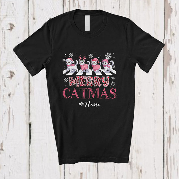 MacnyStore - Personalized Custom Name Merry Catmas; Lovely Christmas Pink Leopard Four Santa Cat Owner T-Shirt