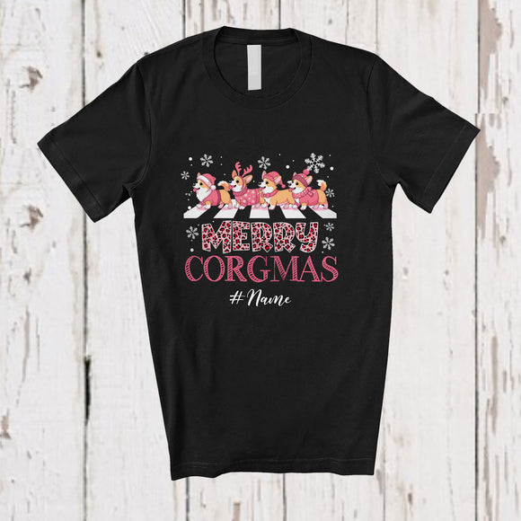 MacnyStore - Personalized Custom Name Merry Corgmas; Lovely Christmas Pink Leopard Four Santa Corgi T-Shirt