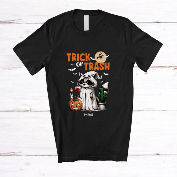 MacnyStore - Personalized Custom Name Trick Or Trash; Lovely Halloween Boo Ghost Raccoon Drinking Wine T-Shirt