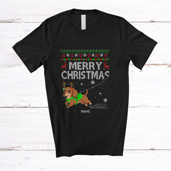 MacnyStore - Personalized Custom Name Merry Christmas; Joyful Sweater Dachshund Knitting Crochet Damage T-Shirt