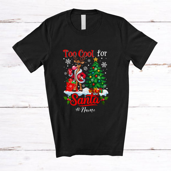 MacnyStore - Personalized Custom Name Too Cool For Santa; Merry Christmas Reindeer Sunglasses Drink Coffee T-Shirt