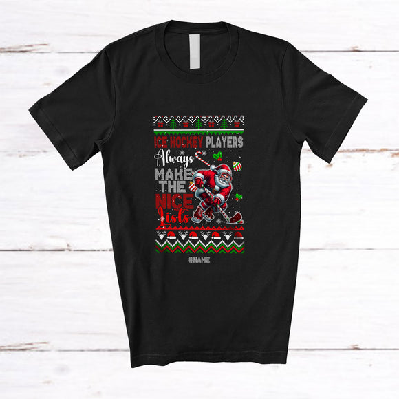 MacnyStore - Personalized Custom Name Ice Hockey Players Make Nice Lists; Amusing Christmas Sweater Santa T-Shirt