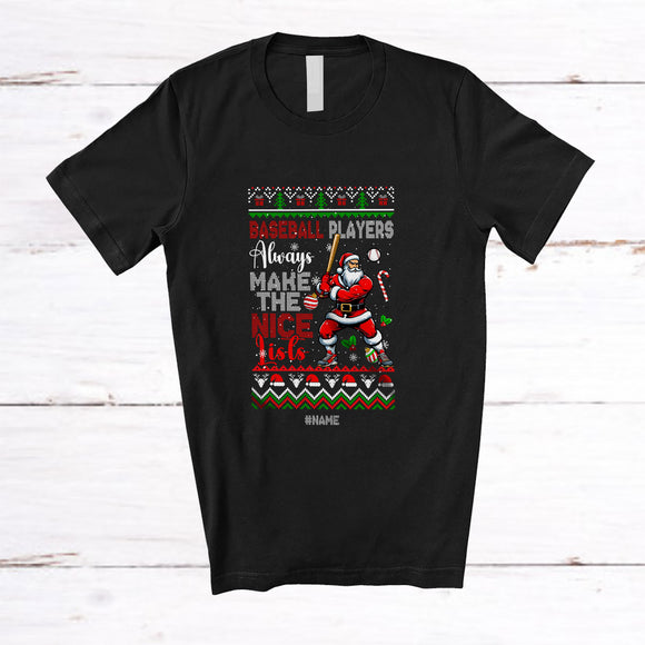 MacnyStore - Personalized Custom Name Baseball Players Make Nice Lists; Amusing Christmas Sweater Santa T-Shirt