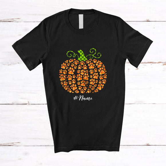 MacnyStore - Personalized Custom Name Plaid Dog Paws Pumpkin; Lovely Thanksgiving Fall Dog Owner T-Shirt