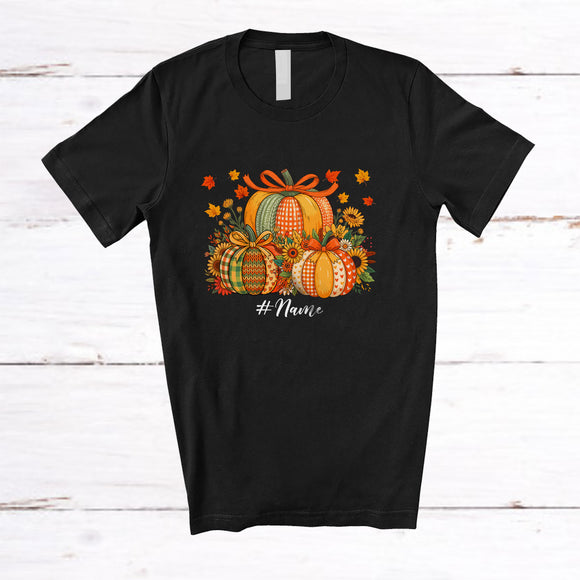MacnyStore - Personalized Custom Name Floral Plaid Three Pumpkins Bow Tie; Happy Thanksgiving Fall Farmer T-Shirt