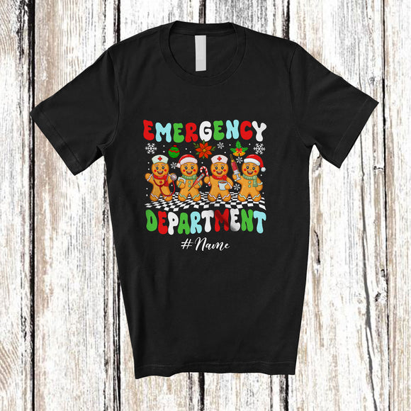 MacnyStore - Personalized Custom Name Emergency Department; Lovely Christmas Groovy Gingerbread ER Nurse T-Shirt