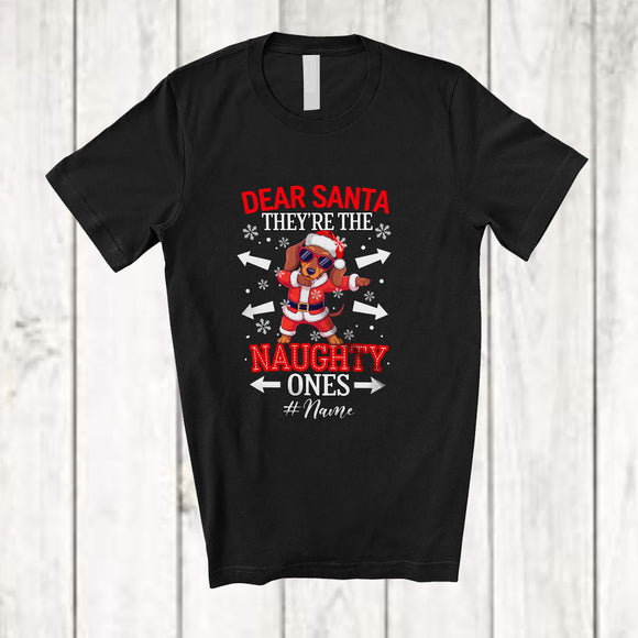 MacnyStore - Personalized Custom Name They're The Naughty Ones; Joyful Christmas Dabbing Santa Dachshund T-Shirt