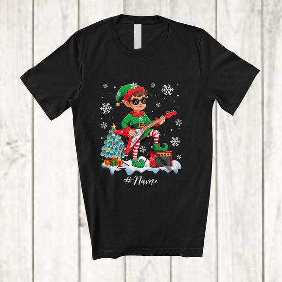 MacnyStore - Personalized Custom Name Elf Playing Rock Guitar; Joyful Christmas Guitarist Bass Guitar Player T-Shirt