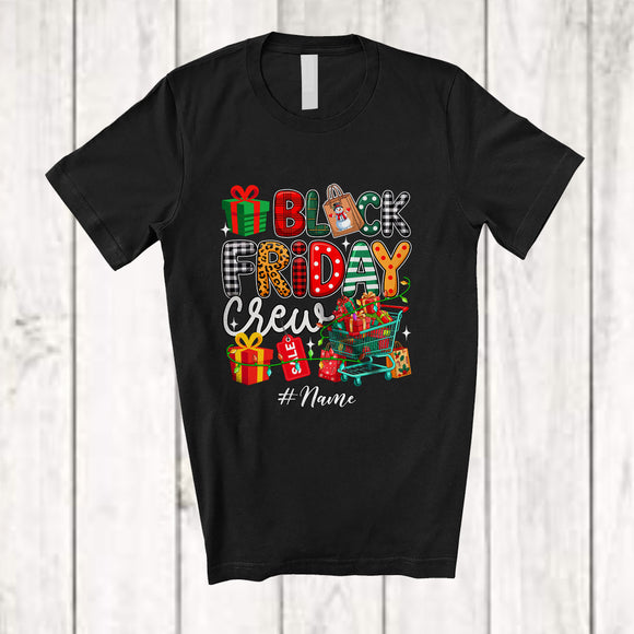 MacnyStore - Personalized Custom Name Friday Crew; Colorful Christmas Lights Plaid Black Shopping Group T-Shirt