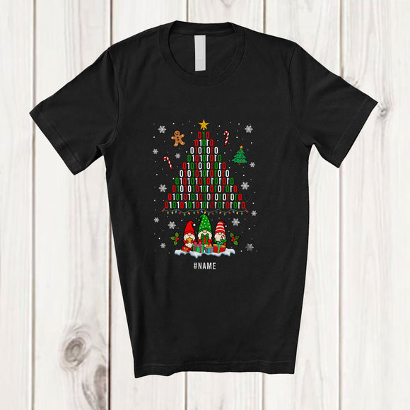 MacnyStore - Personalized Custom Name Binary Code 01 Christmas Tree; Lovely Three Gnomes; Coder Computer T-Shirt