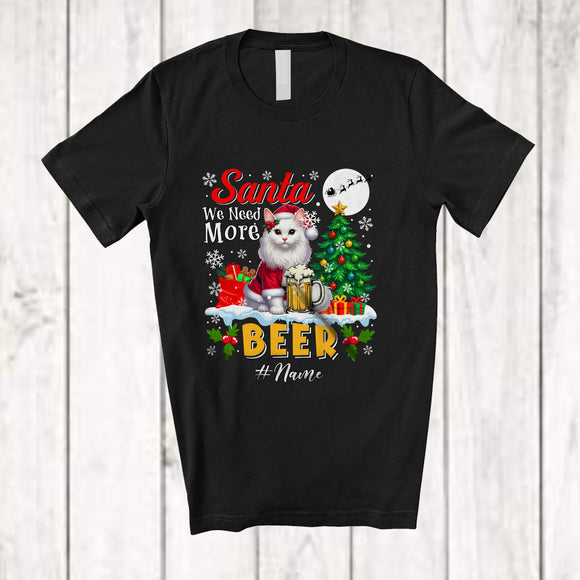 MacnyStore - Personalized Custom Name Santa We Need More Beer; Adorable Christmas Tree Cat Drinking T-Shirt