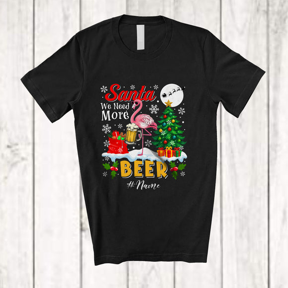 MacnyStore - Personalized Custom Name Santa We Need More Beer; Adorable Christmas Tree Flamingo Drinking T-Shirt