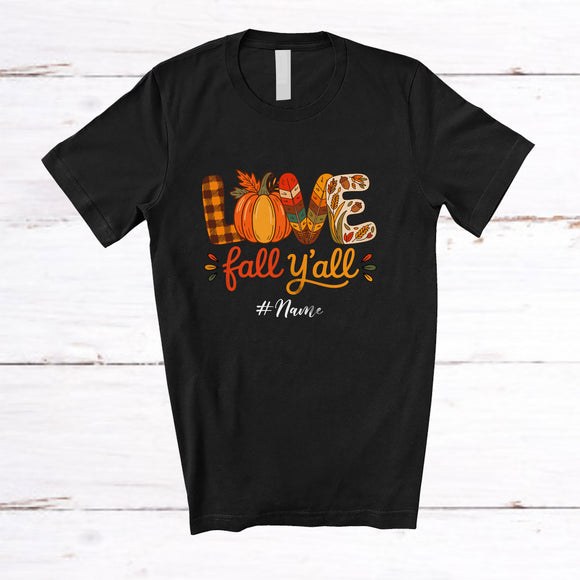 MacnyStore - Personalized Custom Name Love Fall Y'All; Awesome Thanksgiving Plaid Autumn Pumpkin Farmer T-Shirt