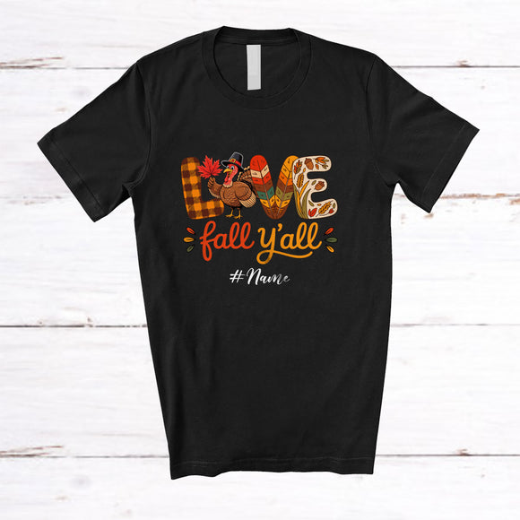 MacnyStore - Personalized Custom Name Love Fall Y'All; Awesome Thanksgiving Plaid Autumn Turkey Farmer T-Shirt