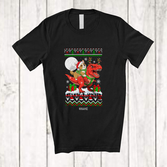 MacnyStore - Personalized Custom Name Santa Corgi Riding T-Rex; Awesome Christmas Sweater Animal T-Shirt